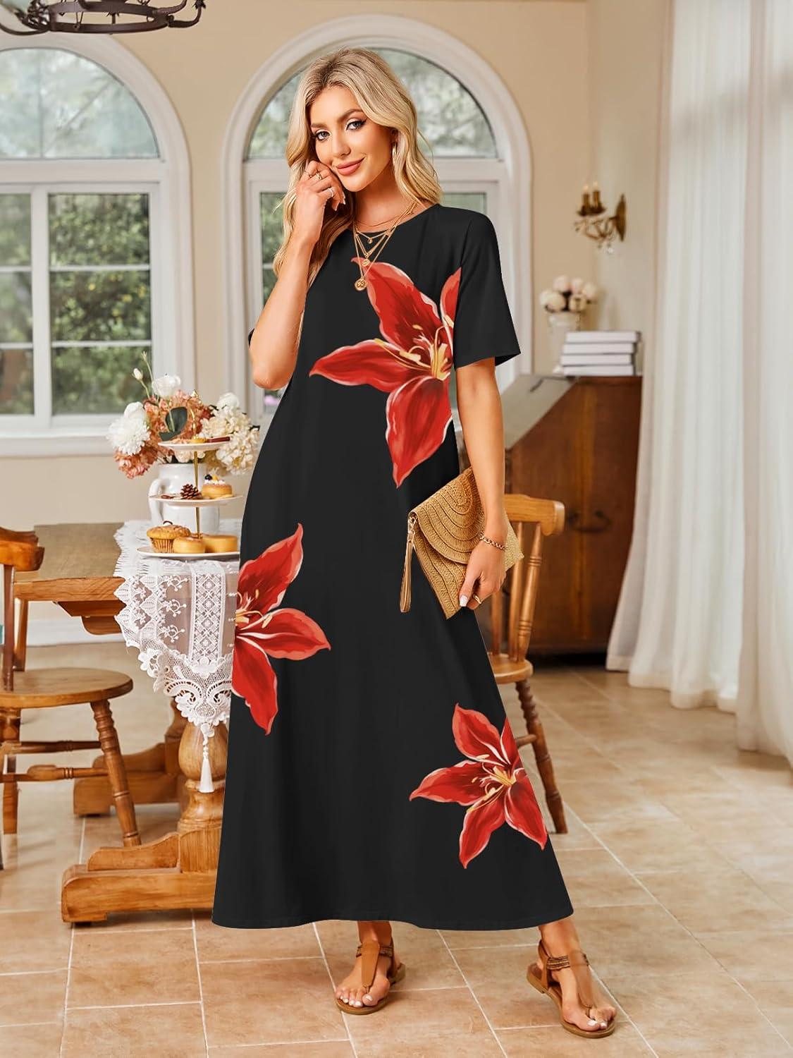 imageMEROKEETY Summer Spring Maxi Dresses for Women 2026 Beach Vacation Casual Short Sleeve Long T Shirt Dress with PocketsBlackfloral