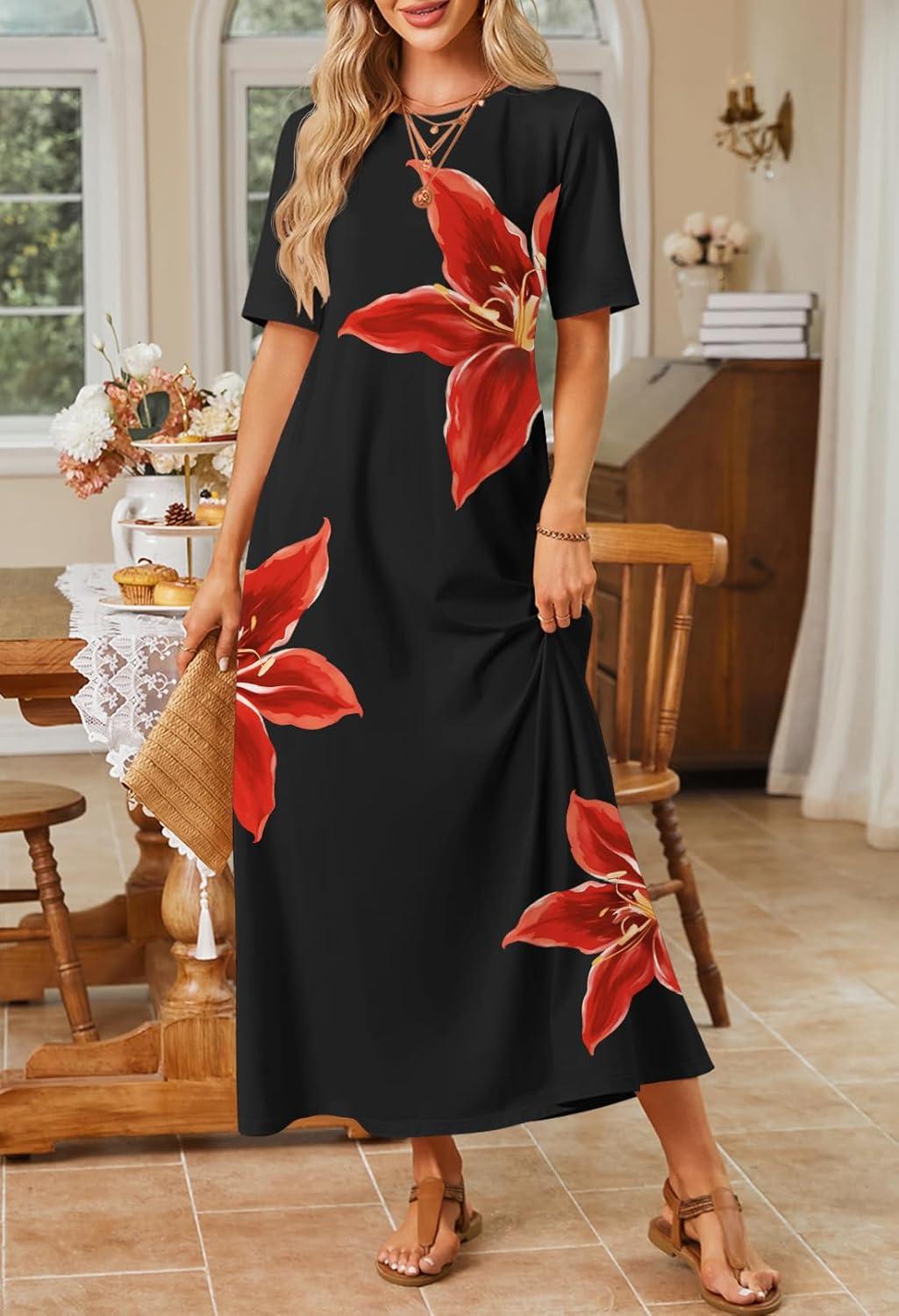 imageMEROKEETY Summer Spring Maxi Dresses for Women 2026 Beach Vacation Casual Short Sleeve Long T Shirt Dress with PocketsBlackfloral