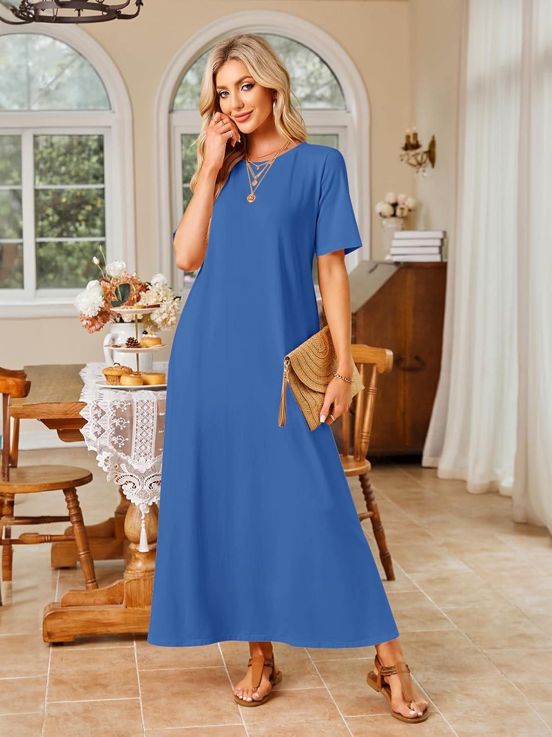 imageMEROKEETY Summer Spring Maxi Dresses for Women 2026 Beach Vacation Casual Short Sleeve Long T Shirt Dress with PocketsBlue