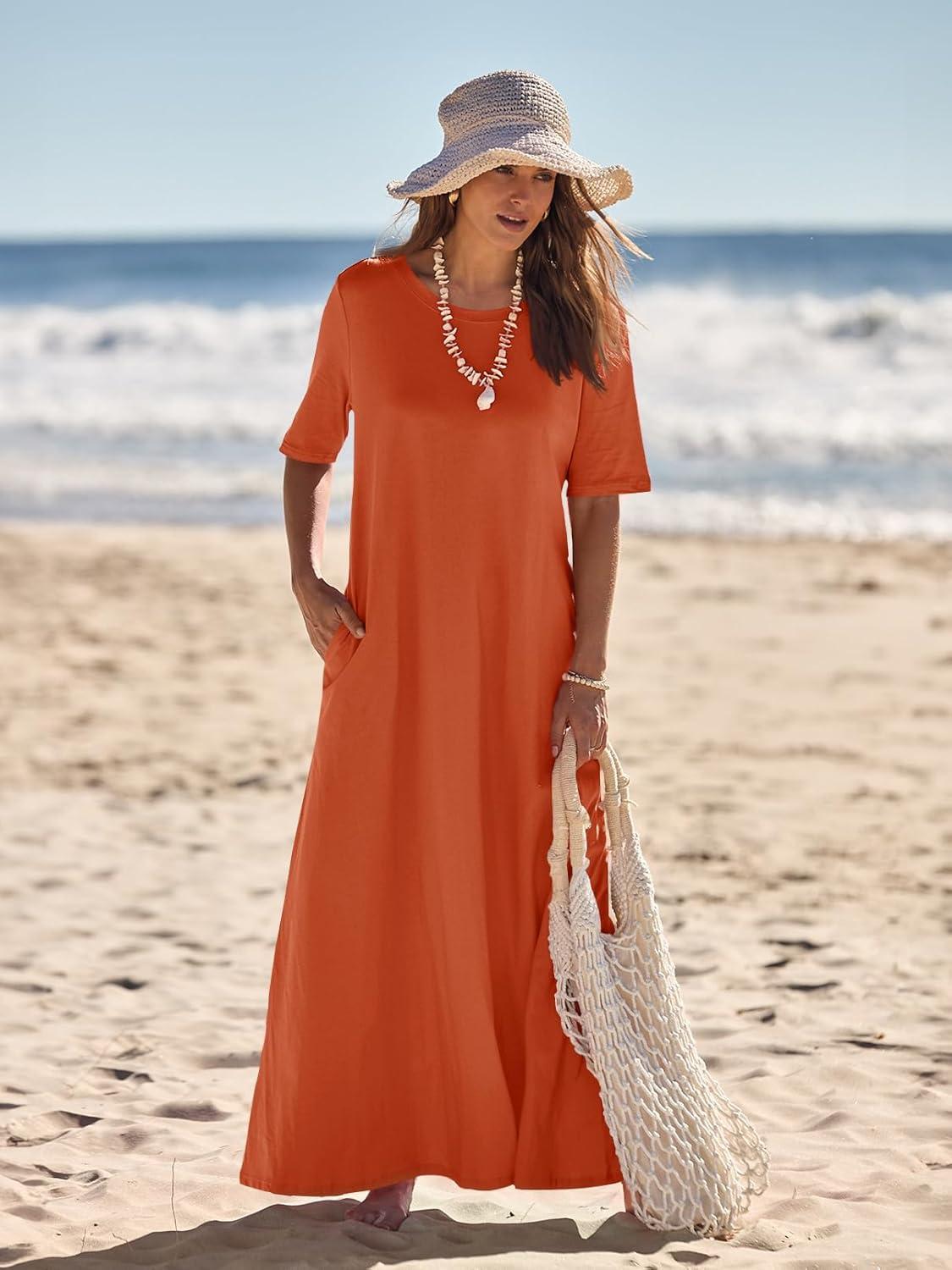 imageMEROKEETY Summer Spring Maxi Dresses for Women 2026 Beach Vacation Casual Short Sleeve Long T Shirt Dress with PocketsBrickred