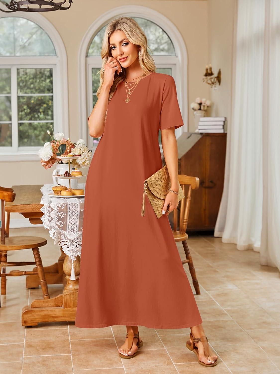 imageMEROKEETY Summer Spring Maxi Dresses for Women 2026 Beach Vacation Casual Short Sleeve Long T Shirt Dress with PocketsCaramel