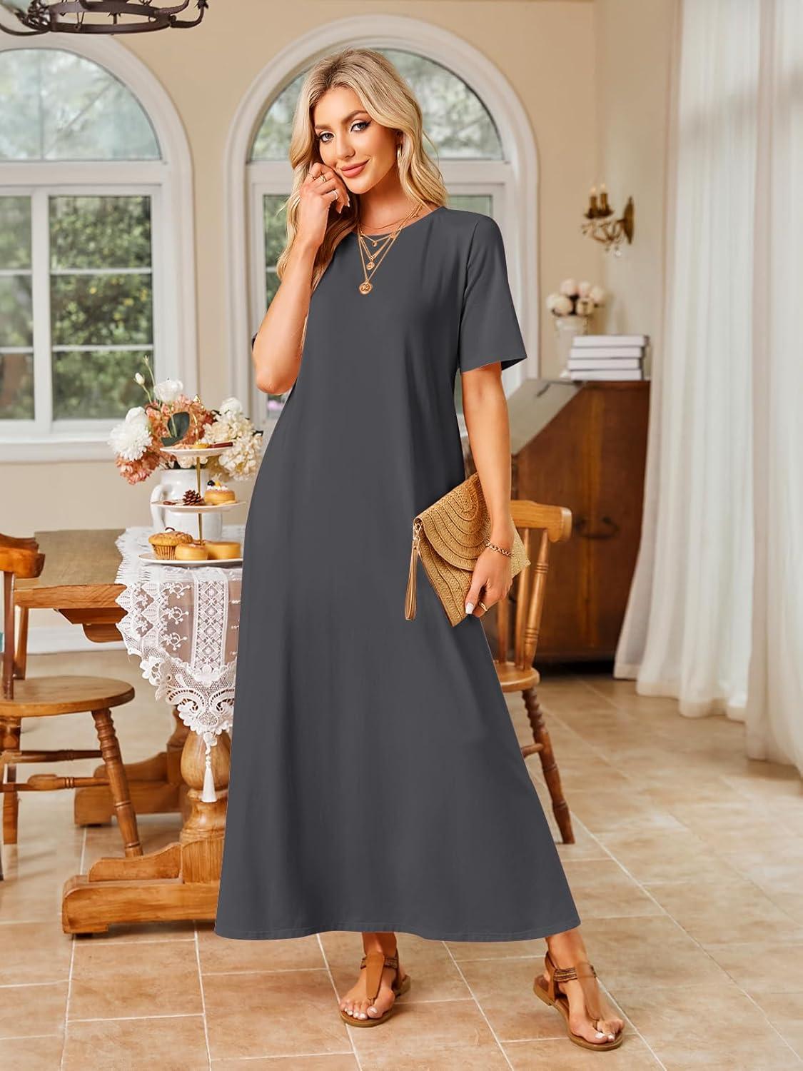 imageMEROKEETY Summer Spring Maxi Dresses for Women 2026 Beach Vacation Casual Short Sleeve Long T Shirt Dress with PocketsCharcoal