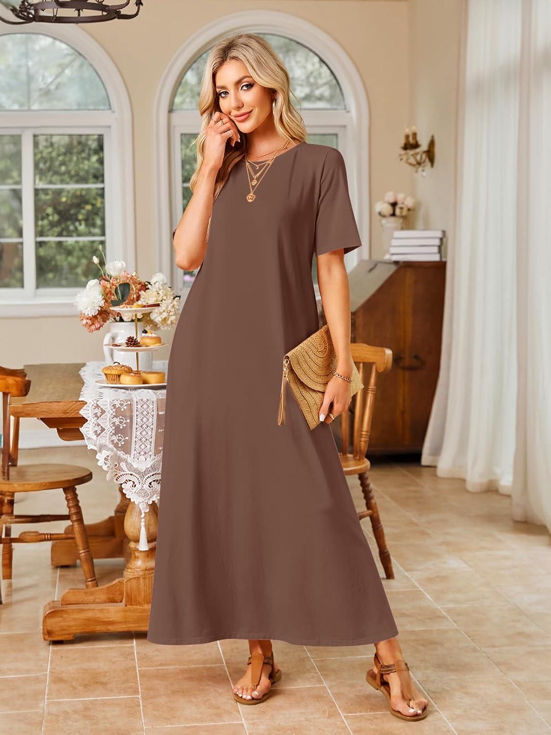 imageMEROKEETY Summer Spring Maxi Dresses for Women 2026 Beach Vacation Casual Short Sleeve Long T Shirt Dress with PocketsCoffee