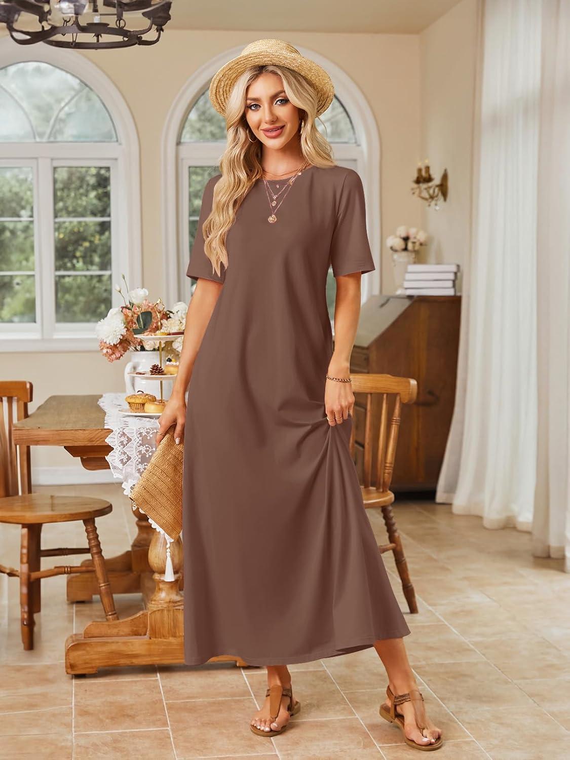 imageMEROKEETY Summer Spring Maxi Dresses for Women 2026 Beach Vacation Casual Short Sleeve Long T Shirt Dress with PocketsCoffee
