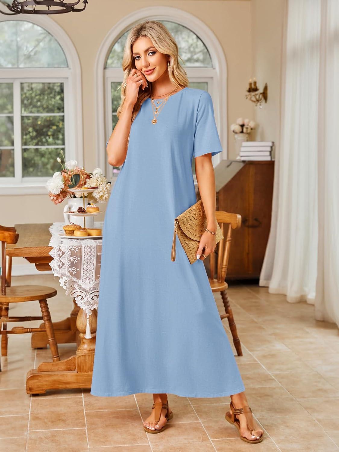 imageMEROKEETY Summer Spring Maxi Dresses for Women 2026 Beach Vacation Casual Short Sleeve Long T Shirt Dress with PocketsDustyblue