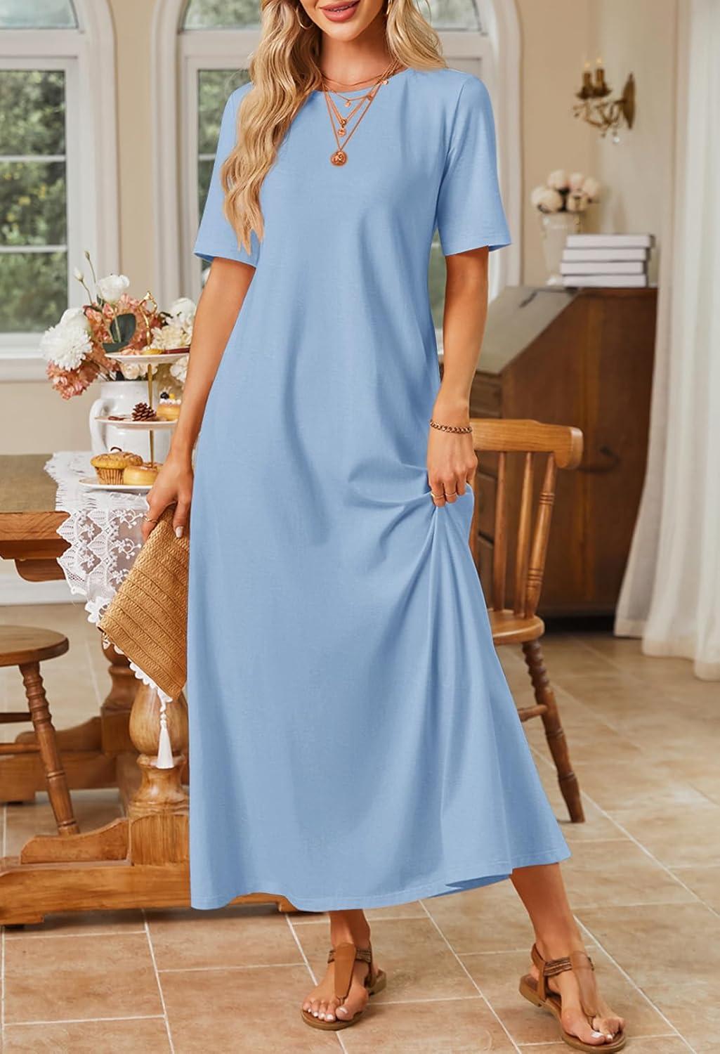 imageMEROKEETY Summer Spring Maxi Dresses for Women 2026 Beach Vacation Casual Short Sleeve Long T Shirt Dress with PocketsDustyblue