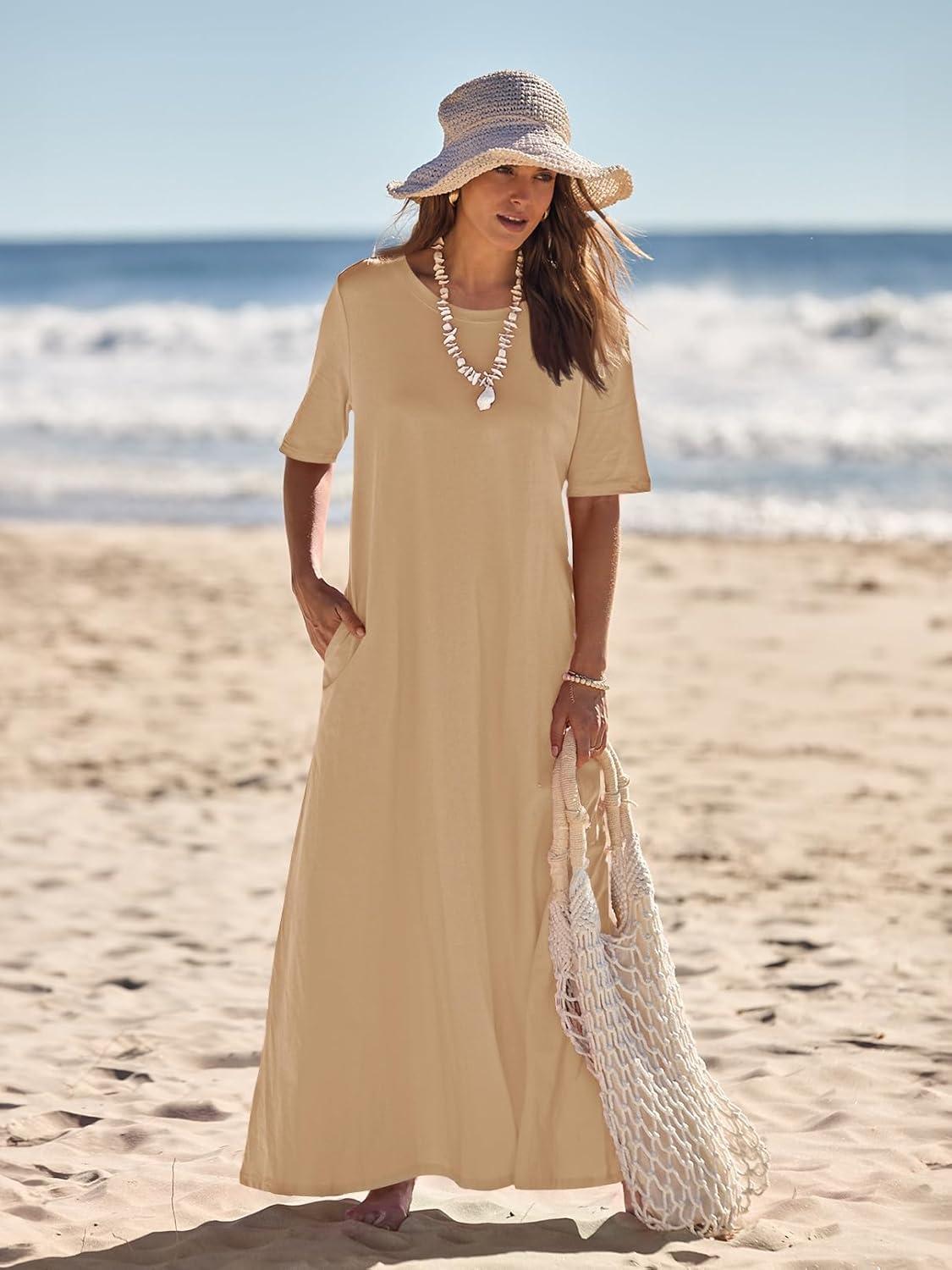 imageMEROKEETY Summer Spring Maxi Dresses for Women 2026 Beach Vacation Casual Short Sleeve Long T Shirt Dress with PocketsKhaki