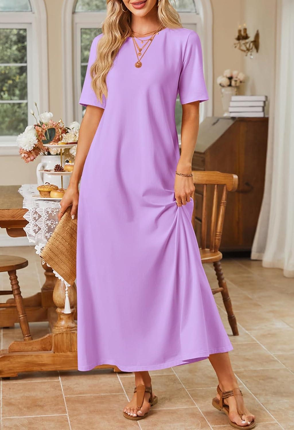 imageMEROKEETY Summer Spring Maxi Dresses for Women 2026 Beach Vacation Casual Short Sleeve Long T Shirt Dress with PocketsLavender