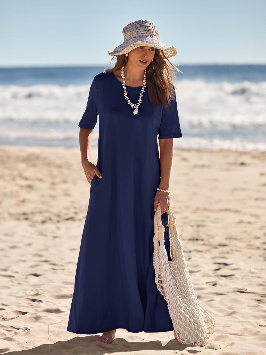 imageMEROKEETY Summer Spring Maxi Dresses for Women 2026 Beach Vacation Casual Short Sleeve Long T Shirt Dress with PocketsNavy