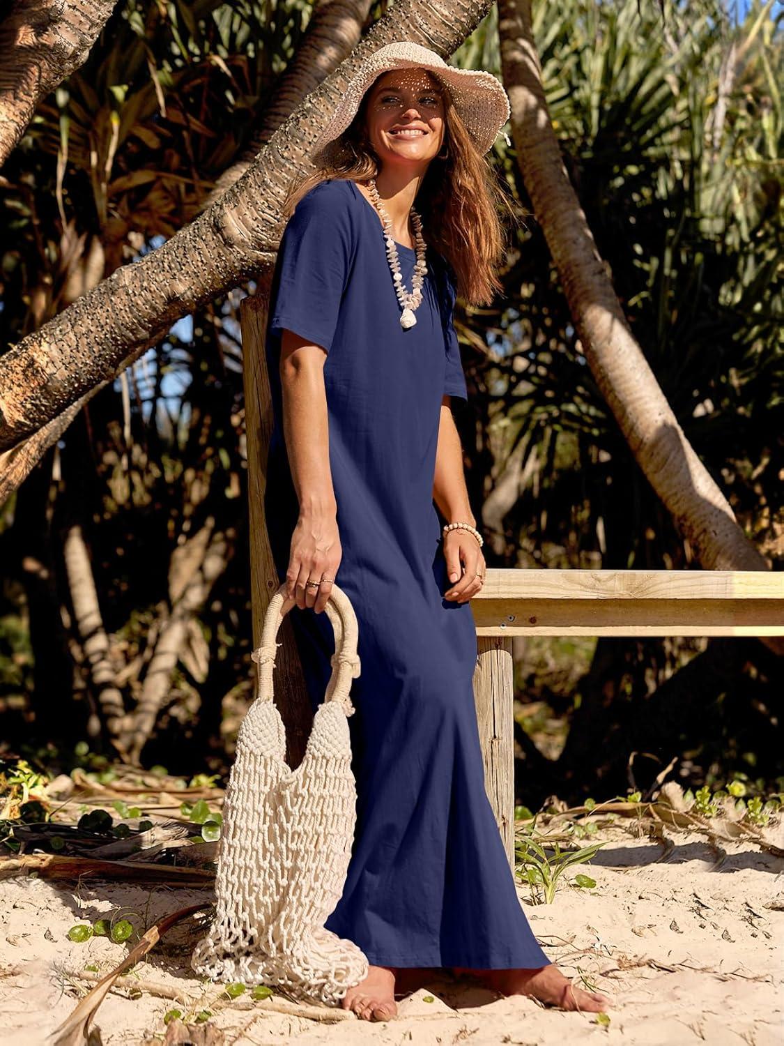 imageMEROKEETY Summer Spring Maxi Dresses for Women 2026 Beach Vacation Casual Short Sleeve Long T Shirt Dress with PocketsNavy