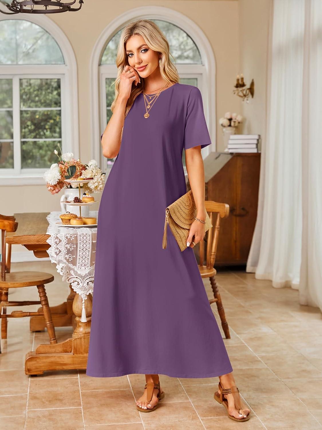 imageMEROKEETY Summer Spring Maxi Dresses for Women 2026 Beach Vacation Casual Short Sleeve Long T Shirt Dress with PocketsPurple