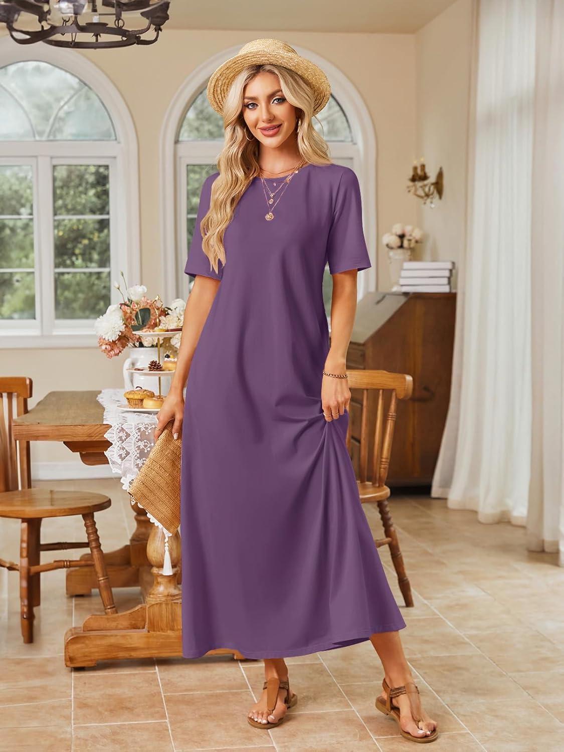 imageMEROKEETY Summer Spring Maxi Dresses for Women 2026 Beach Vacation Casual Short Sleeve Long T Shirt Dress with PocketsPurple