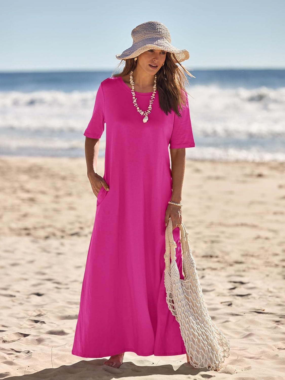 imageMEROKEETY Summer Spring Maxi Dresses for Women 2026 Beach Vacation Casual Short Sleeve Long T Shirt Dress with PocketsRose