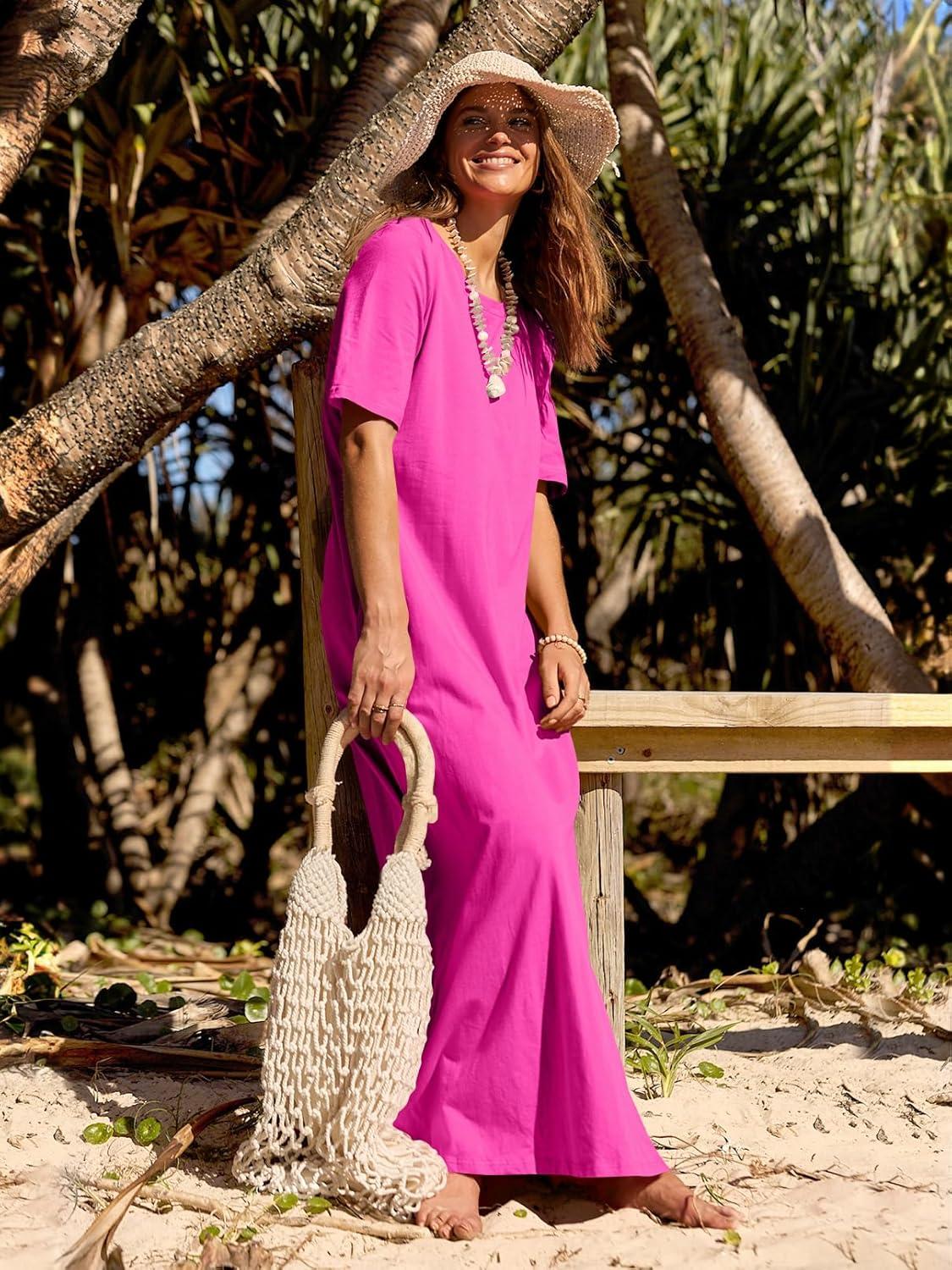 imageMEROKEETY Summer Spring Maxi Dresses for Women 2026 Beach Vacation Casual Short Sleeve Long T Shirt Dress with PocketsRose