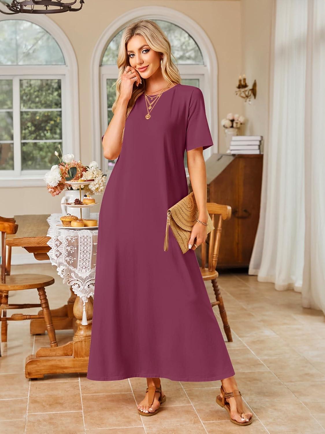 imageMEROKEETY Summer Spring Maxi Dresses for Women 2026 Beach Vacation Casual Short Sleeve Long T Shirt Dress with PocketsWine