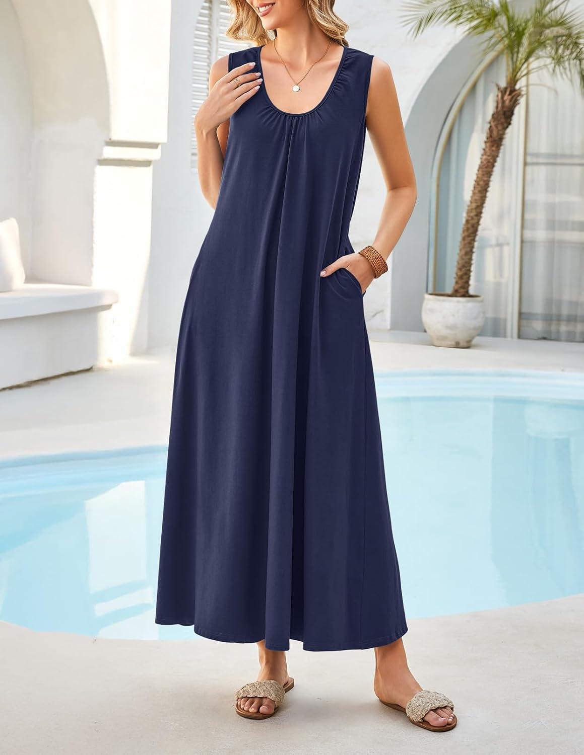 imageMEROKEETY Womens Summer Boho Maxi Dress 2026 Ruched Beach Vacation Sundresses Sleeveless Loose Tank DressNavy