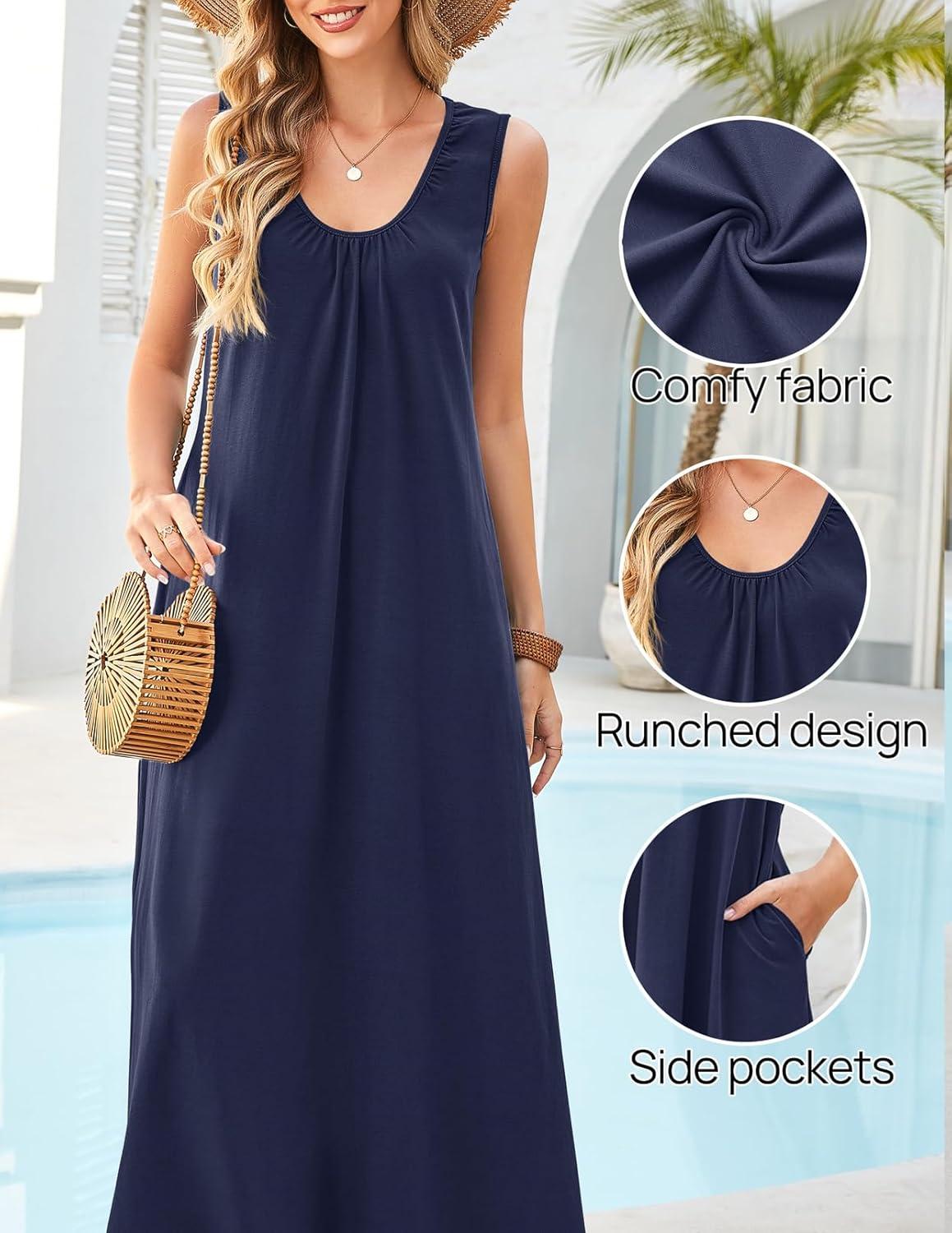 imageMEROKEETY Womens Summer Boho Maxi Dress 2026 Ruched Beach Vacation Sundresses Sleeveless Loose Tank DressNavy