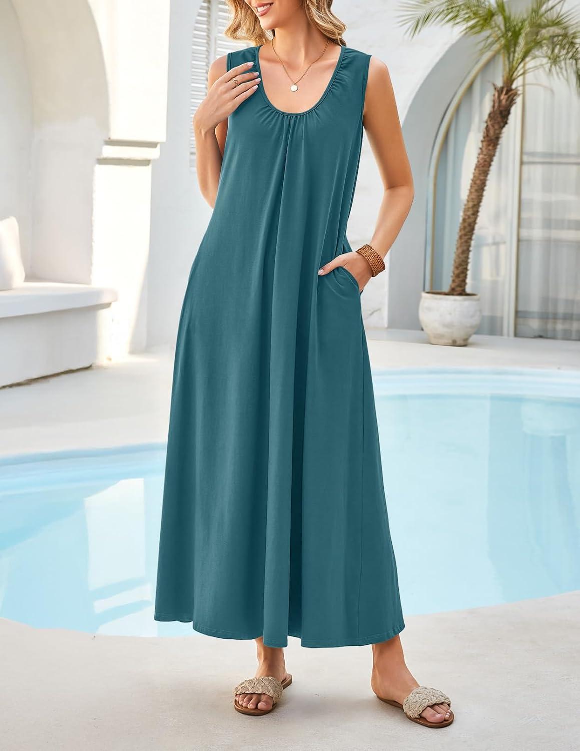 imageMEROKEETY Womens Summer Boho Maxi Dress 2026 Ruched Beach Vacation Sundresses Sleeveless Loose Tank DressTeal
