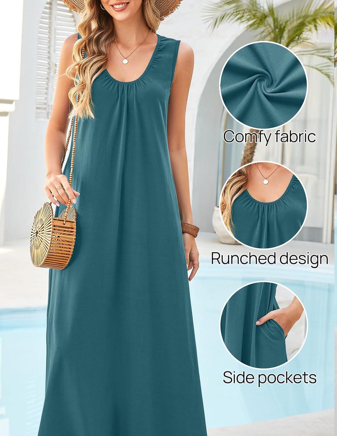 imageMEROKEETY Womens Summer Boho Maxi Dress 2026 Ruched Beach Vacation Sundresses Sleeveless Loose Tank DressTeal