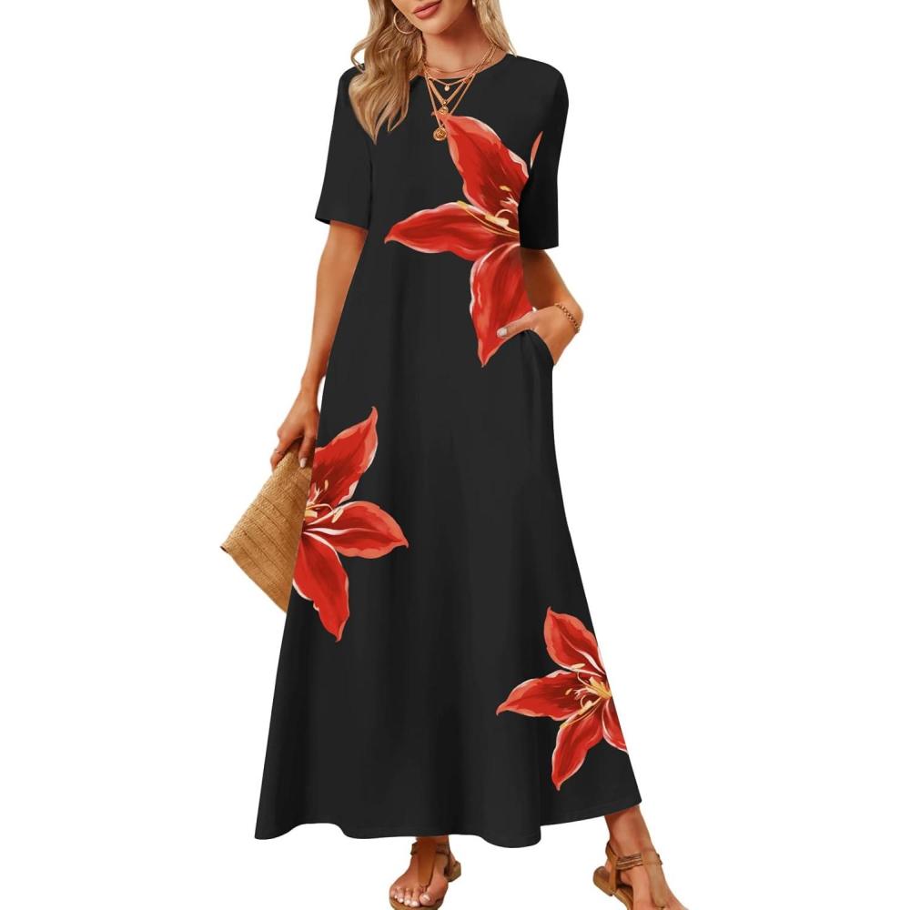 imageMEROKEETY Summer Spring Maxi Dresses for Women 2026 Beach Vacation Casual Short Sleeve Long T Shirt Dress with PocketsBlackfloral