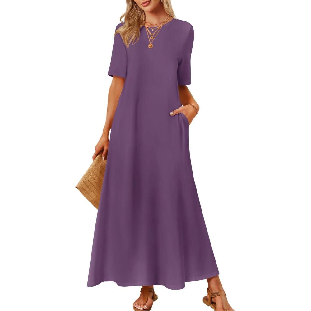 imageMEROKEETY Summer Spring Maxi Dresses for Women 2026 Beach Vacation Casual Short Sleeve Long T Shirt Dress with PocketsPurple