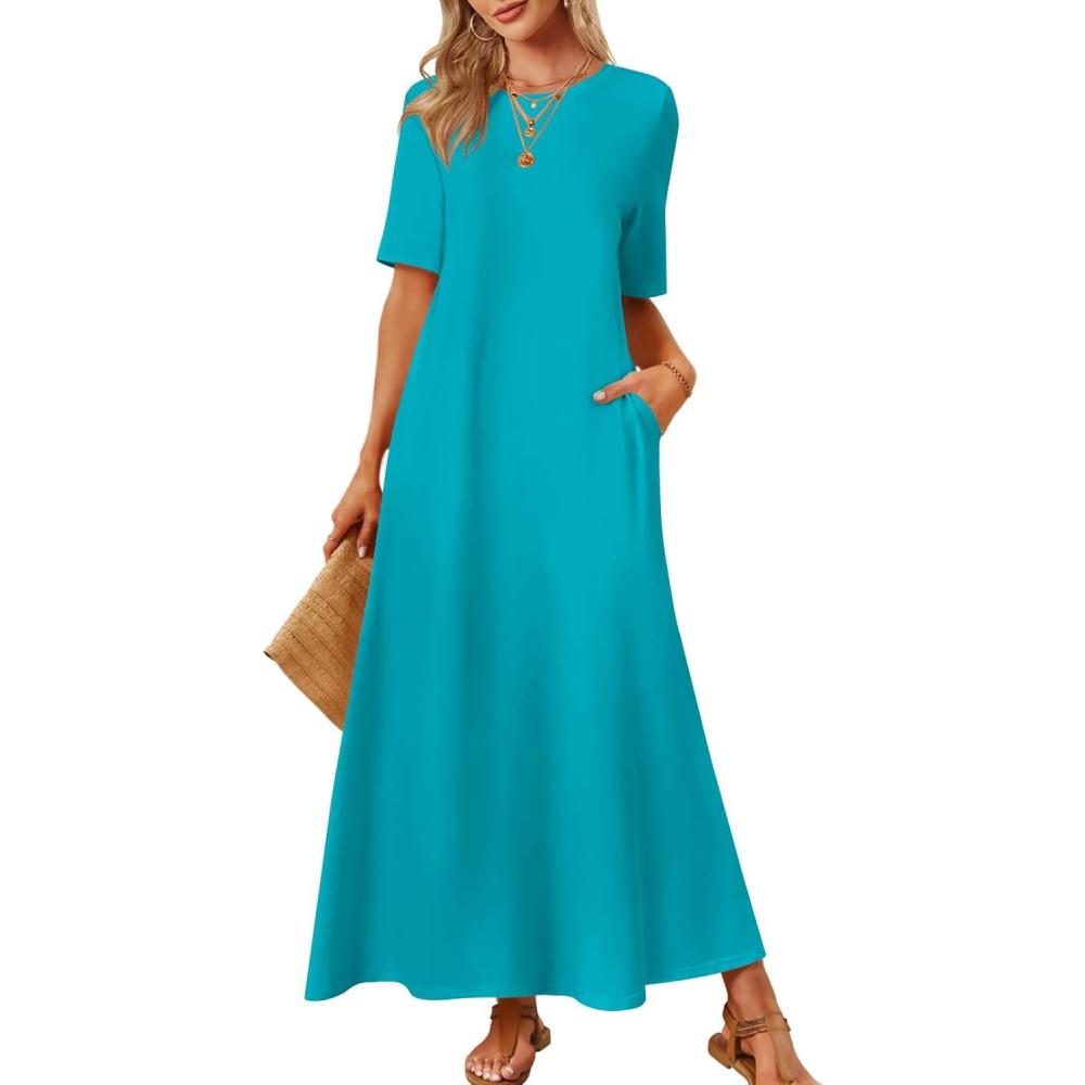 imageMEROKEETY Summer Spring Maxi Dresses for Women 2026 Beach Vacation Casual Short Sleeve Long T Shirt Dress with PocketsTurquoise