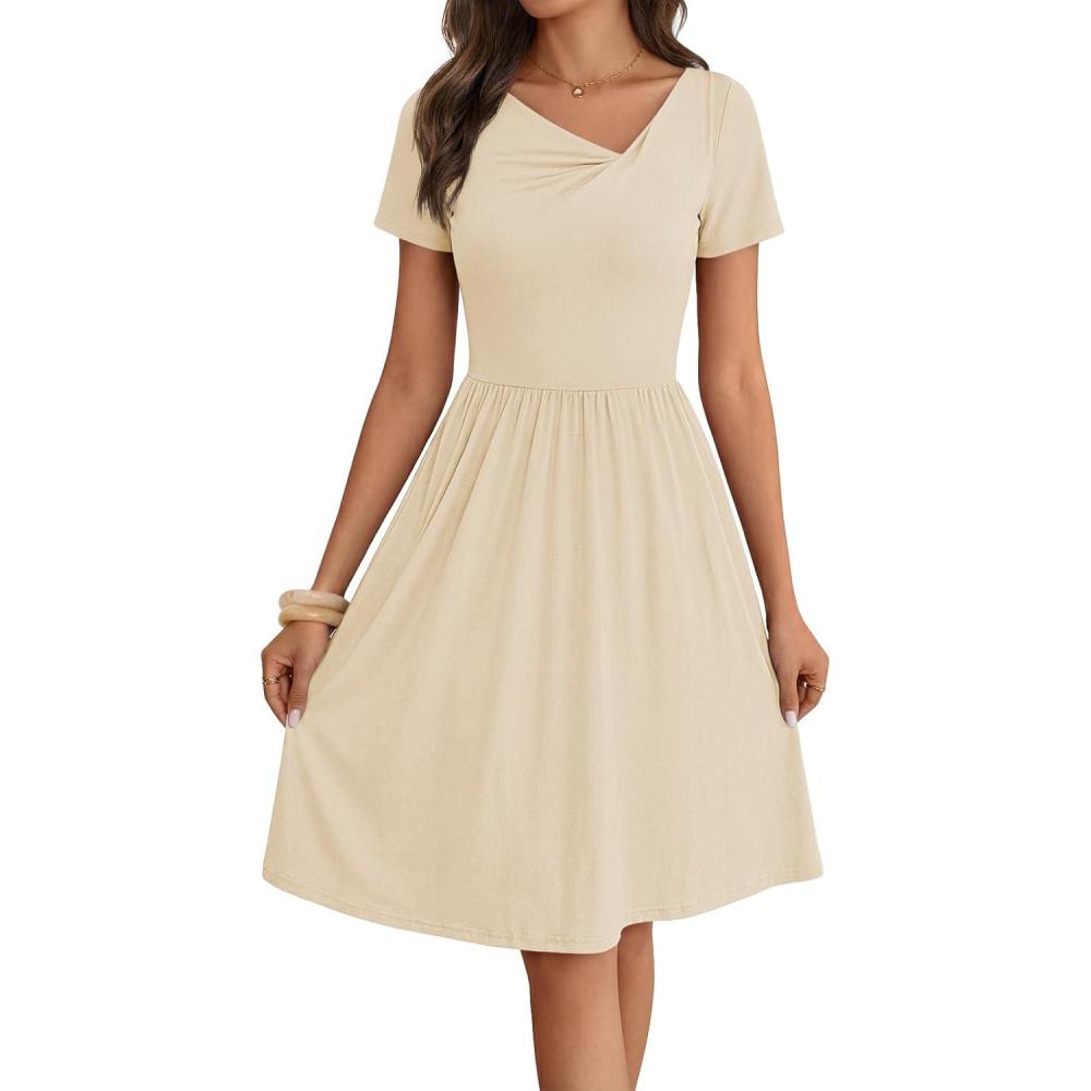 imageMEROKEETY Womens Asymmetrical V Neck Sundress 2026 Spring Summer Short Sleeve Ruched Casual A Line Mini Dresses PocketsApricot