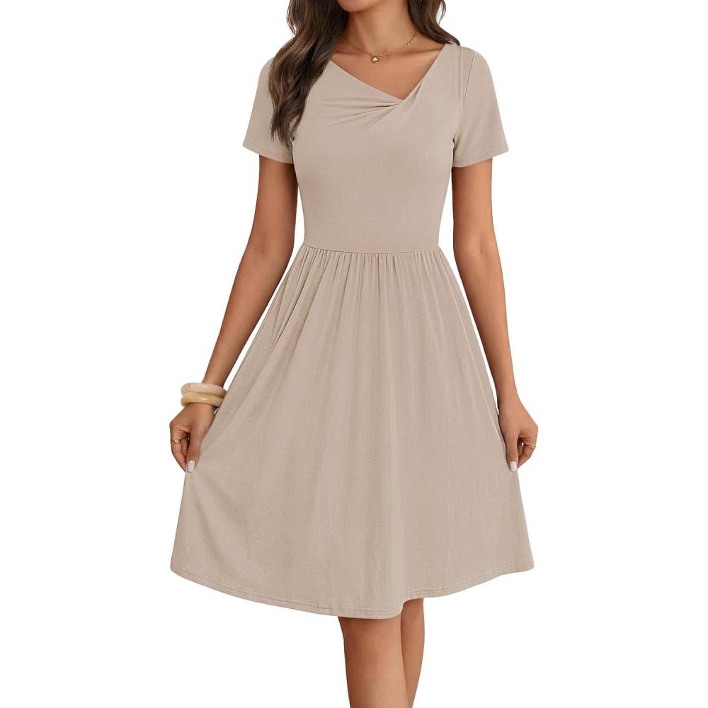 imageMEROKEETY Womens Asymmetrical V Neck Sundress 2026 Spring Summer Short Sleeve Ruched Casual A Line Mini Dresses PocketsKhaki