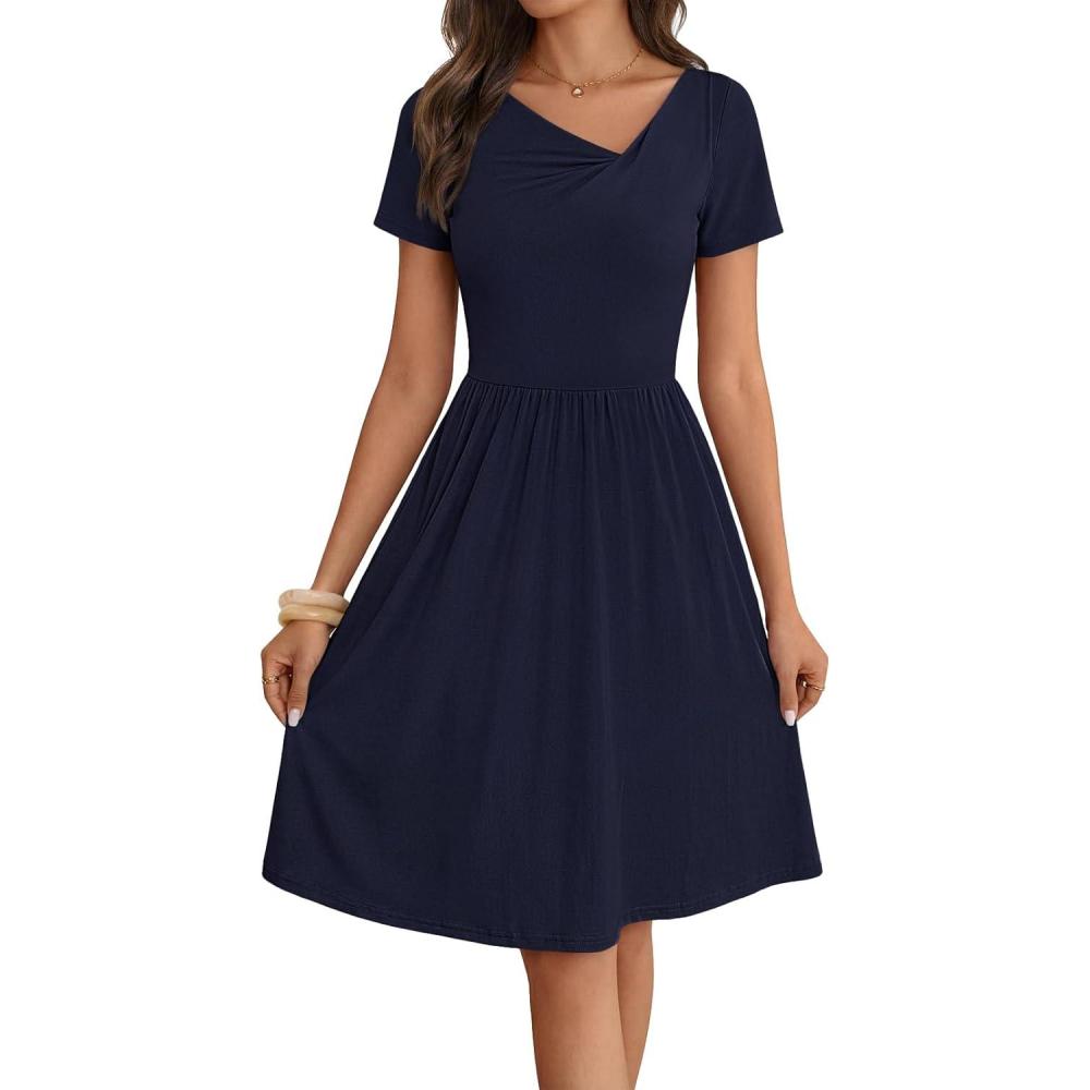 imageMEROKEETY Womens Asymmetrical V Neck Sundress 2026 Spring Summer Short Sleeve Ruched Casual A Line Mini Dresses PocketsNavy