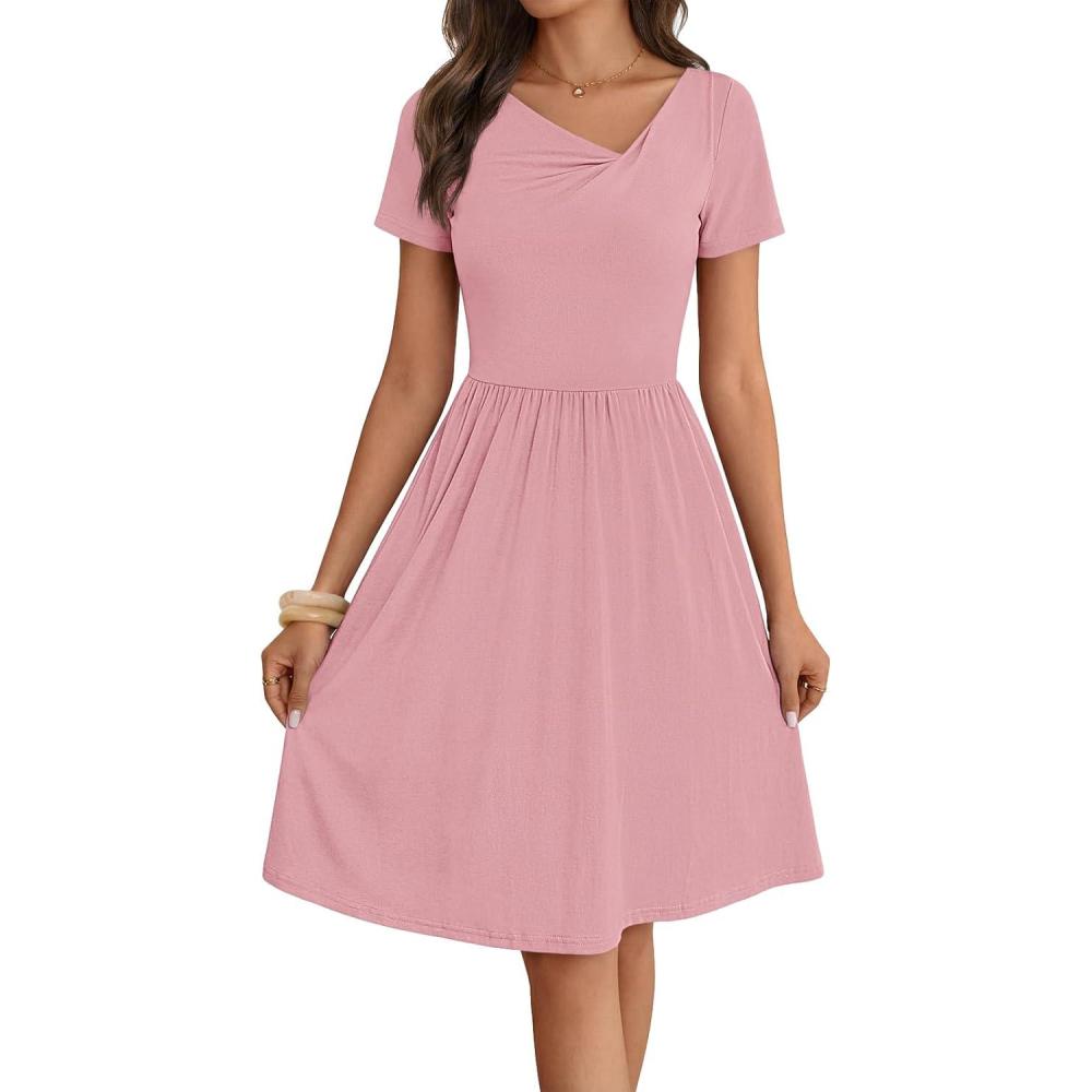 imageMEROKEETY Womens Asymmetrical V Neck Sundress 2026 Spring Summer Short Sleeve Ruched Casual A Line Mini Dresses PocketsPink