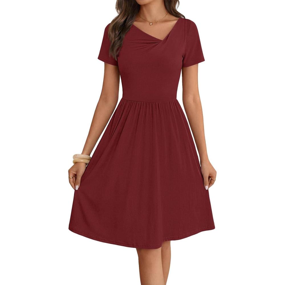 imageMEROKEETY Womens Asymmetrical V Neck Sundress 2026 Spring Summer Short Sleeve Ruched Casual A Line Mini Dresses PocketsWine