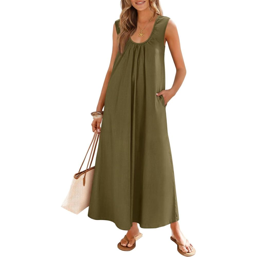 imageMEROKEETY Womens Summer Boho Maxi Dress 2026 Ruched Beach Vacation Sundresses Sleeveless Loose Tank DressArmy Green