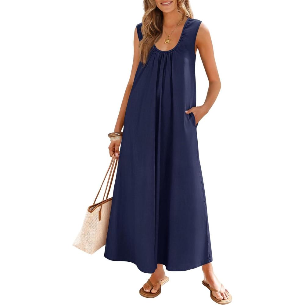 imageMEROKEETY Womens Summer Boho Maxi Dress 2026 Ruched Beach Vacation Sundresses Sleeveless Loose Tank DressNavy