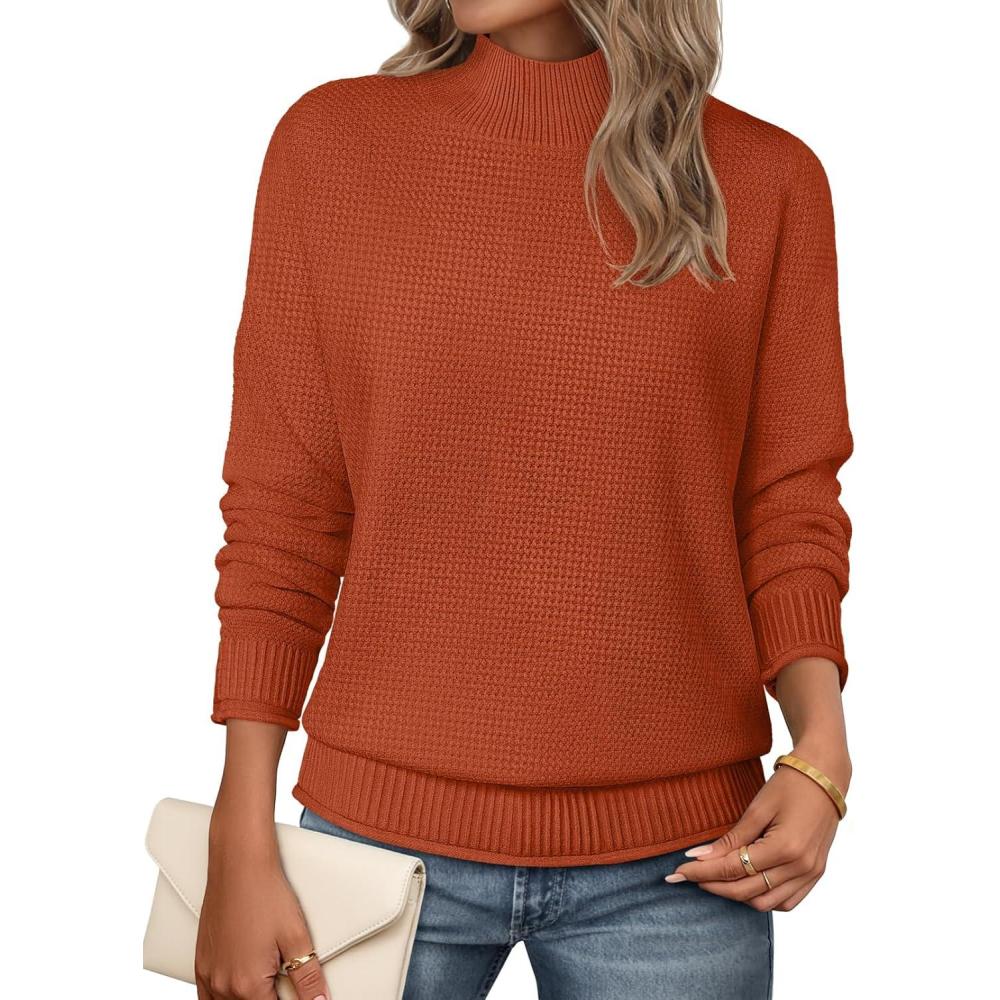imageMEROKEETY Womens Turtleneck Long Sleeve Sweater 2025 Fall Cozy Knit Loose Casual Trendy Pullover Tops Winter ClothesRustred