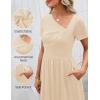 MEROKEETY Women’s Asymmetrical V Neck Sundress 2026 Spring Summer Short Sleeve Ruched Casual A Line Mini Dresses Pockets(Apricot)