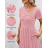 MEROKEETY Women’s Asymmetrical V Neck Sundress 2026 Spring Summer Short Sleeve Ruched Casual A Line Mini Dresses Pockets(Pink)
