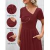 MEROKEETY Women’s Asymmetrical V Neck Sundress 2026 Spring Summer Short Sleeve Ruched Casual A Line Mini Dresses Pockets(Wine)