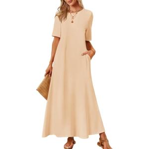 MEROKEETY Summer Spring Maxi Dresses for Women 2026 Beach Vacation Casual Short Sleeve Long T Shirt Dress with Pockets(Apricot)