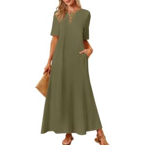 MEROKEETY Summer Spring Maxi Dresses for Women 2026 Beach Vacation Casual Short Sleeve Long T Shirt Dress with Pockets(Armygreen)