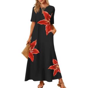 MEROKEETY Summer Spring Maxi Dresses for Women 2026 Beach Vacation Casual Short Sleeve Long T Shirt Dress with Pockets(Blackfloral)