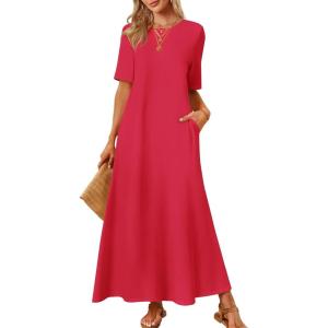 MEROKEETY Summer Spring Maxi Dresses for Women 2026 Beach Vacation Casual Short Sleeve Long T Shirt Dress with Pockets(Red)