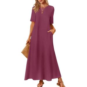 MEROKEETY Summer Spring Maxi Dresses for Women 2026 Beach Vacation Casual Short Sleeve Long T Shirt Dress with Pockets(Wine)