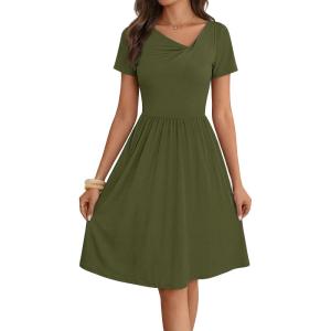 MEROKEETY Women’s Asymmetrical V Neck Sundress 2026 Spring Summer Short Sleeve Ruched Casual A Line Mini Dresses Pockets(Army)