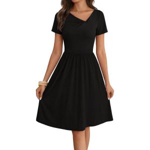 MEROKEETY Women’s Asymmetrical V Neck Sundress 2026 Spring Summer Short Sleeve Ruched Casual A Line Mini Dresses Pockets(Black)
