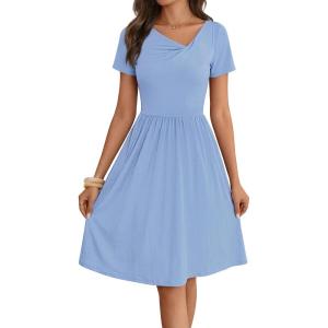 MEROKEETY Women’s Asymmetrical V Neck Sundress 2026 Spring Summer Short Sleeve Ruched Casual A Line Mini Dresses Pockets(Blue)