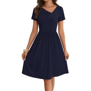 MEROKEETY Women’s Asymmetrical V Neck Sundress 2026 Spring Summer Short Sleeve Ruched Casual A Line Mini Dresses Pockets(Navy)