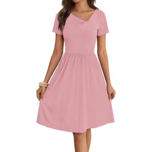 MEROKEETY Women’s Asymmetrical V Neck Sundress 2026 Spring Summer Short Sleeve Ruched Casual A Line Mini Dresses Pockets(Pink)