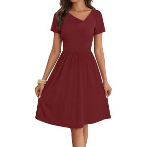 MEROKEETY Women’s Asymmetrical V Neck Sundress 2026 Spring Summer Short Sleeve Ruched Casual A Line Mini Dresses Pockets(Wine)