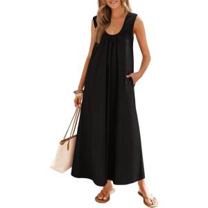 MEROKEETY Women’s Summer Boho Maxi Dress 2026 Ruched Beach Vacation Sundresses Sleeveless Loose Tank Dress(Black)