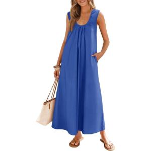 MEROKEETY Women’s Summer Boho Maxi Dress 2026 Ruched Beach Vacation Sundresses Sleeveless Loose Tank Dress(Royal Blue)
